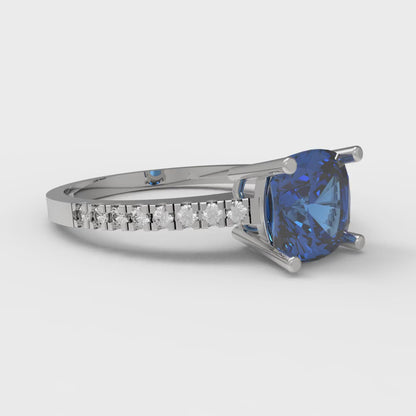 2.7 cttw Simulated Tanzanite Solitaire with Zirconia Simulated Diamond Accents Engagement Ring - Solid Gold (Cushion Cut,6.5mm)