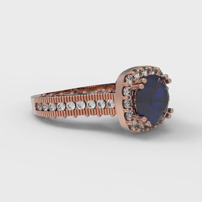 2.37 cttw Simulated Blue Sapphire Hidden Halo Engagement Ring - Solid Gold (Round Cut,7.5mm)