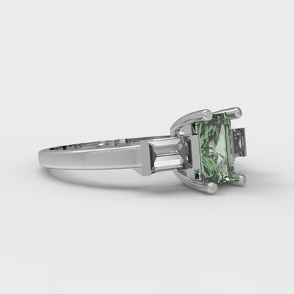 0.8 cttw Zirconia Simulated Green Diamond Three-Stone Engagement Ring - Solid White Gold (VVS1, Emerald Cut,6x4mm)