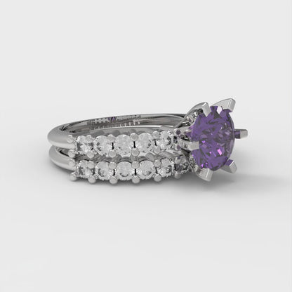 1.66 cttw Round Cut Natural Amethyst Bridal Set - Solid White Gold Engagement Ring & Wedding Band