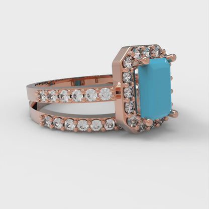 1.92 cttw Simulated Turquoise Solitaire with Zirconia Simulated Diamond Accents Engagement Ring - Solid Gold (Emerald Cut,7.5X5.5mm)