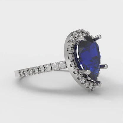 2.38 cttw Simulated Blue Sapphire Hidden Halo Engagement Ring - Solid Gold (Pear Cut,10x7mm )