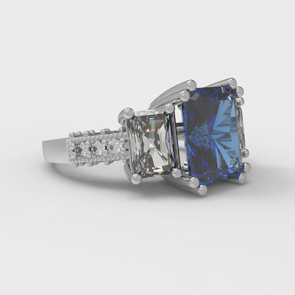 4.27 cttw Simulated Tanzanite Three-Stone Engagement Ring - Solid Gold (Emerald Cut,9x7mm)