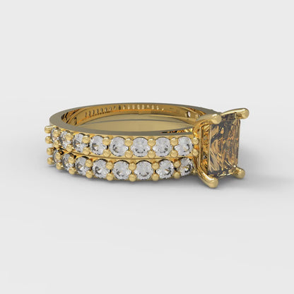 1.325 cttw Emerald Cut Simulated Champagne Diamond Bridal Set - Solid Yellow Gold Engagement Ring & Wedding Band