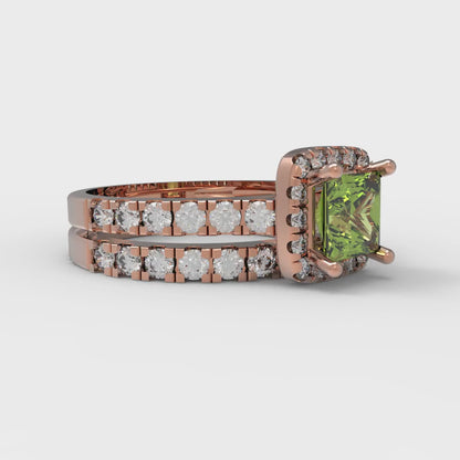 1.56 cttw Princess Cut Natural Peridot Bridal Set - Solid Rose Gold Engagement Ring & Wedding Band