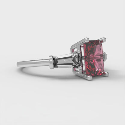 1.5 cttw Simulated Ruby Three-Stone Engagement Ring - Solid White Gold (VVS1, Emerald Cut,7.0x5.0mm)