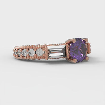 2.33 cttw Natural Amethyst Three-Stone Engagement Ring - Solid Rose Gold (VVS1, Round Cut,6.5mm)