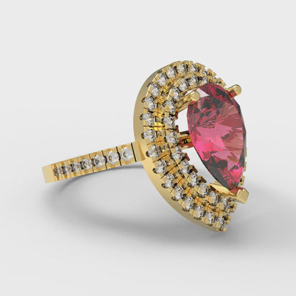 2.48 cttw Simulated Ruby Hidden Halo Engagement Ring - Solid Yellow Gold (VVS1, Pear Cut,10X7mm )