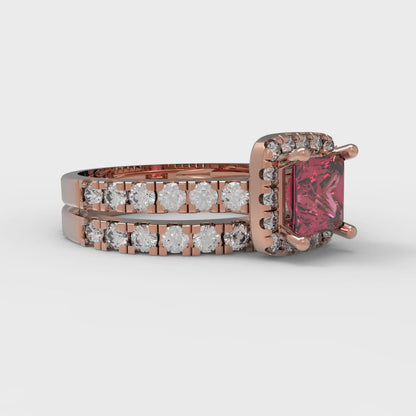 1.56 cttw Princess Cut Simulated Ruby Bridal Set - Solid Rose Gold Engagement Ring & Wedding Band