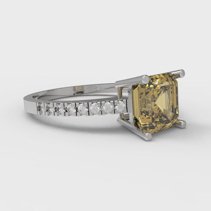 2.7 cttw Zirconia Simulated Yellow Diamond Solitaire with Zirconia Simulated Diamond Accents Engagement Ring - Solid White Gold (VVS1, Asscher Cut,6.5mm)