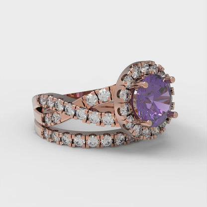 1.795 cttw Round Cut Natural Amethyst Bridal Set - Solid Rose Gold Engagement Ring & Wedding Band