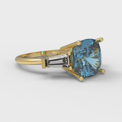 3 cttw Zirconia Simulated Blue Diamond Three-Stone Engagement Ring - Solid Gold (VVS1, Cushion Cut,8.0mm)