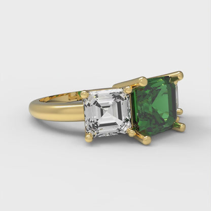 4 cttw Simulated Emerald Three-Stone Engagement Ring - Solid Gold (Square Emerald Cut,7.0X7.0mm)