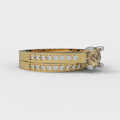 0.86 cttw Round Cut Simulated Champagne Diamond Bridal Set - Solid Yellow/White Gold Engagement Ring & Wedding Band