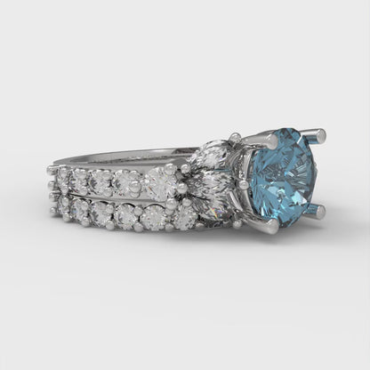 2.94 cttw Round Cut Natural Swiss Blue Topaz Bridal Set - Solid White Gold Engagement Ring & Wedding Band