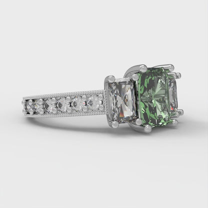 1.88 cttw Zirconia Simulated Green Diamond Three-Stone Engagement Ring - Solid Gold (VVS1, Emerald Cut,7x5mm)