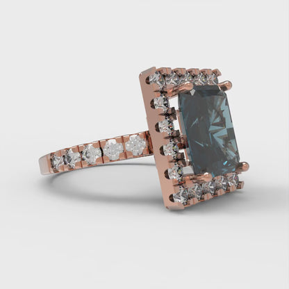 3.84 cttw Natural London Blue Topaz Solitaire with Zirconia Simulated Diamond Accents Engagement Ring - Solid Rose Gold (VVS1, Emerald Cut,9x7mm)
