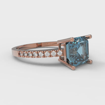 2.7 cttw Natural Swiss Blue Topaz Solitaire with Zirconia Simulated Diamond Accents Engagement Ring - Solid Gold (Asscher Cut,6.5mm)