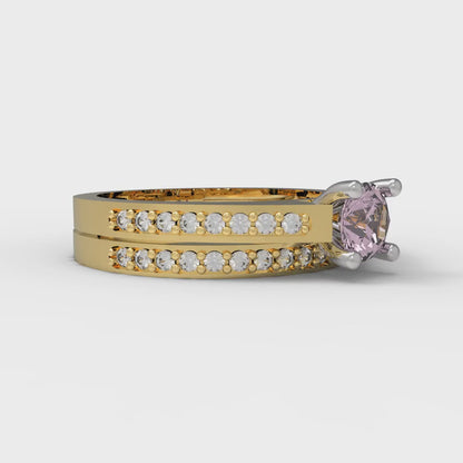 0.86 cttw Round Cut Simulated Pink Diamond Bridal Set - Solid Yellow/White Gold Engagement Ring & Wedding Band