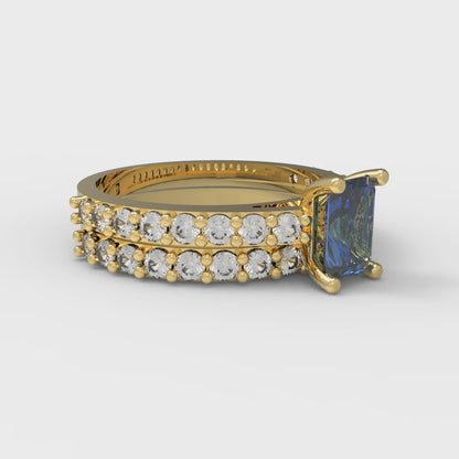 1.325 cttw Emerald Cut Simulated Tanzanite Bridal Set - Solid Yellow Gold Engagement Ring & Wedding Band