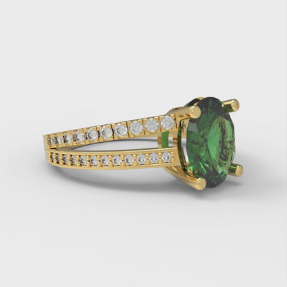 2.32 cttw Simulated Emerald Solitaire with Zirconia Simulated Diamond Accents Engagement Ring - Solid Yellow Gold (VVS1, Oval Cut,9X7mm)