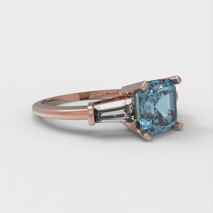 1.62 cttw Zirconia Simulated Blue Diamond Three-Stone Engagement Ring - Solid Gold (VVS1, Square Emerald Cut,6.5X6.5mm)