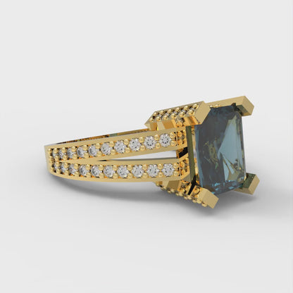 2.45 cttw Natural London Blue Topaz Solitaire with Zirconia Simulated Diamond Accents Engagement Ring - Solid Yellow Gold (VVS1, Emerald Cut,8x6mm)