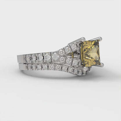 3.4 cttw Princess Cut Simulated Yellow Diamond Bridal Set - Solid White Gold Engagement Ring & Wedding Band