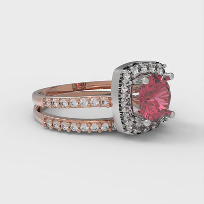 1.495 cttw Round Cut Simulated Pink Tourmaline Bridal Set - Solid Rose/White Gold Engagement Ring & Wedding Band