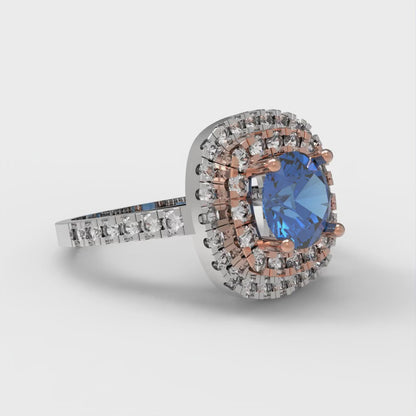 1.615 cttw Simulated Tanzanite Solitaire with Zirconia Simulated Diamond Accents Engagement Ring - Solid White/Rose Gold (VVS1, Round Cut,6.5mm)