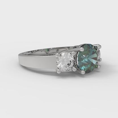1.5 cttw Blue Moissanite Three-Stone Engagement Ring - Solid White Gold (VVS1, Round Cut,6.5mm)