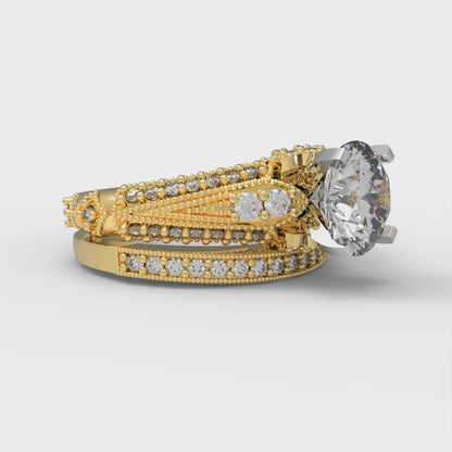 2.095 cttw Round Cut Moissanite Bridal Set - Solid Yellow/White Gold Engagement Ring & Wedding Band