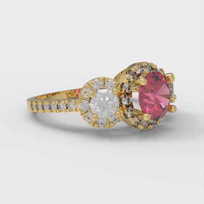 1.46 cttw Simulated Pink Tourmaline Three-Stone Engagement Ring - Solid Yellow Gold (VVS1, Round Cut,6.0mm)