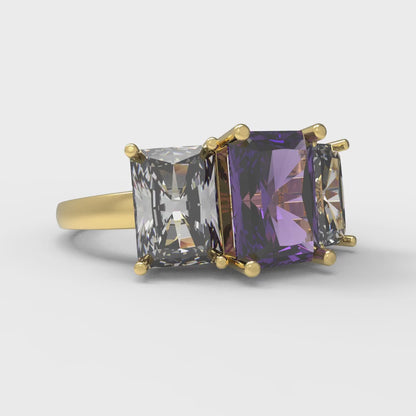4 cttw Natural Amethyst Three-Stone Engagement Ring - Solid Gold (Emerald Cut,8x6mm)