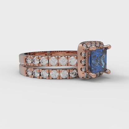 1.56 cttw Princess Cut Simulated Tanzanite Bridal Set - Solid Rose Gold Engagement Ring & Wedding Band