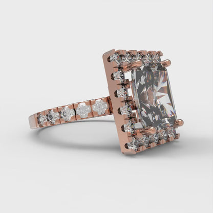 3.84 cttw Moissanite Solitaire with Zirconia Simulated Diamond Accents Engagement Ring - Solid Rose Gold (VVS1, Emerald Cut,9x7mm)