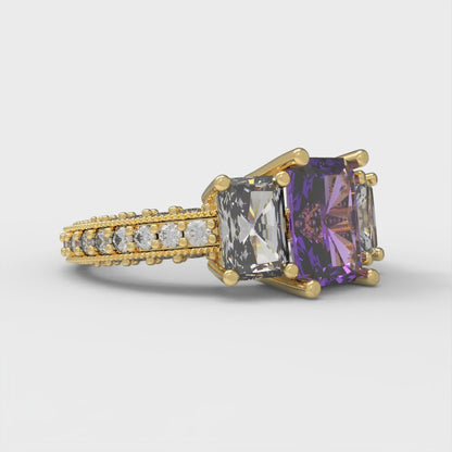3.61 cttw Simulated Alexandrite Three-Stone Engagement Ring - Solid Yellow Gold (VVS1, Emerald Cut,8x6mm)