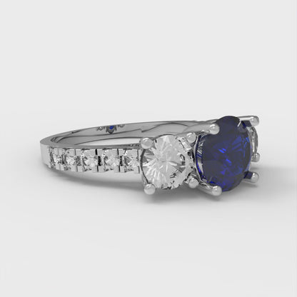 1.97 cttw Simulated Blue Sapphire Three-Stone Engagement Ring - Solid Gold (Round Cut,6.5mm)