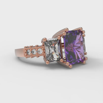 4.27 cttw Simulated Alexandrite Three-Stone Engagement Ring - Solid Gold (Emerald Cut,9x7mm)