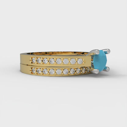 0.86 cttw Round Cut Simulated Turquoise Bridal Set - Solid Yellow/White Gold Engagement Ring & Wedding Band