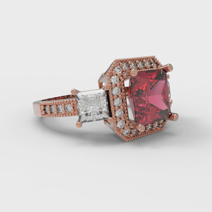 3.005 cttw Simulated Pink Tourmaline Three-Stone Engagement Ring - Solid Rose Gold (VVS1, Princess Cut,7.0mm)