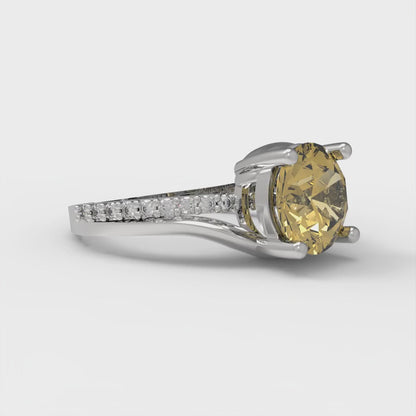 1.71 cttw Zirconia Simulated Yellow Diamond Solitaire with Zirconia Simulated Diamond Accents Engagement Ring - Solid White Gold (VVS1, Round Cut,7.5mm)