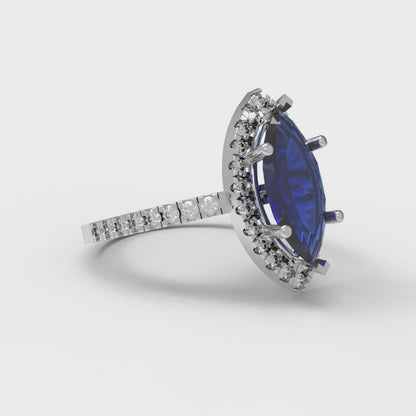 2.38 cttw Simulated Blue Sapphire Hidden Halo Engagement Ring - Solid White Gold  (VVS1, Marquise Cut,12x6mm )