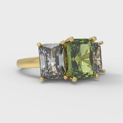 4 cttw Natural Peridot Three-Stone Engagement Ring - Solid Gold (Emerald Cut,8x6mm)