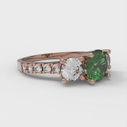 1.97 cttw Simulated Emerald Three-Stone Engagement Ring - Solid Rose Gold (VVS1, Round Cut,6.5mm)