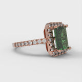 1.86 ct Brilliant Emerald Cut Simulated Emerald Stone Rose Gold Halo Solitaire with Accents Ring