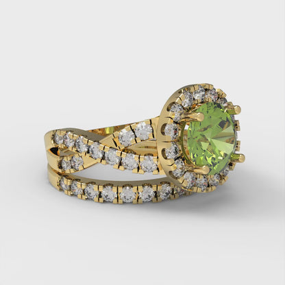 1.795 cttw Round Cut Natural Peridot Bridal Set - Solid Yellow Gold Engagement Ring & Wedding Band