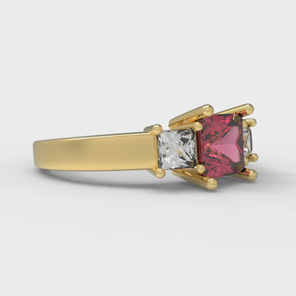 1.11 cttw Simulated Ruby Three-Stone Engagement Ring - Solid Yellow Gold (VVS1, Princess Cut,5.0mm)