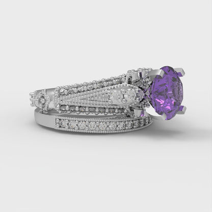 2.095 cttw Round Cut Simulated Alexandrite Bridal Set - Solid White Gold Engagement Ring & Wedding Band