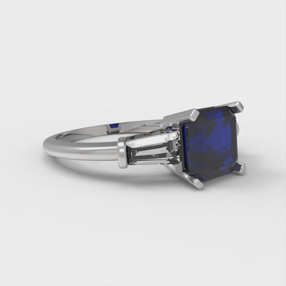 1.62 cttw Simulated Blue Sapphire Three-Stone Engagement Ring - Solid Gold (Square Emerald Cut,6.5X6.5mm)